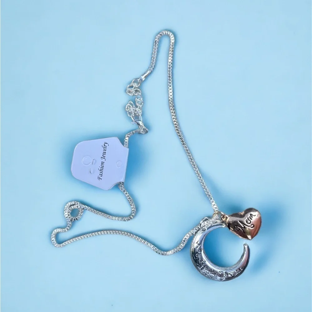 I Love You to the Moon and Back “Mom” Silver and Gold Moon/Heart charm necklace - Picture 10 of 11